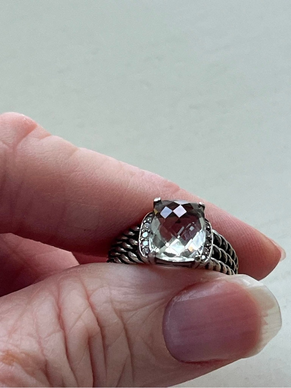 David Yurman Sterling Silver Ring with Clear Faceted Cushion Stone